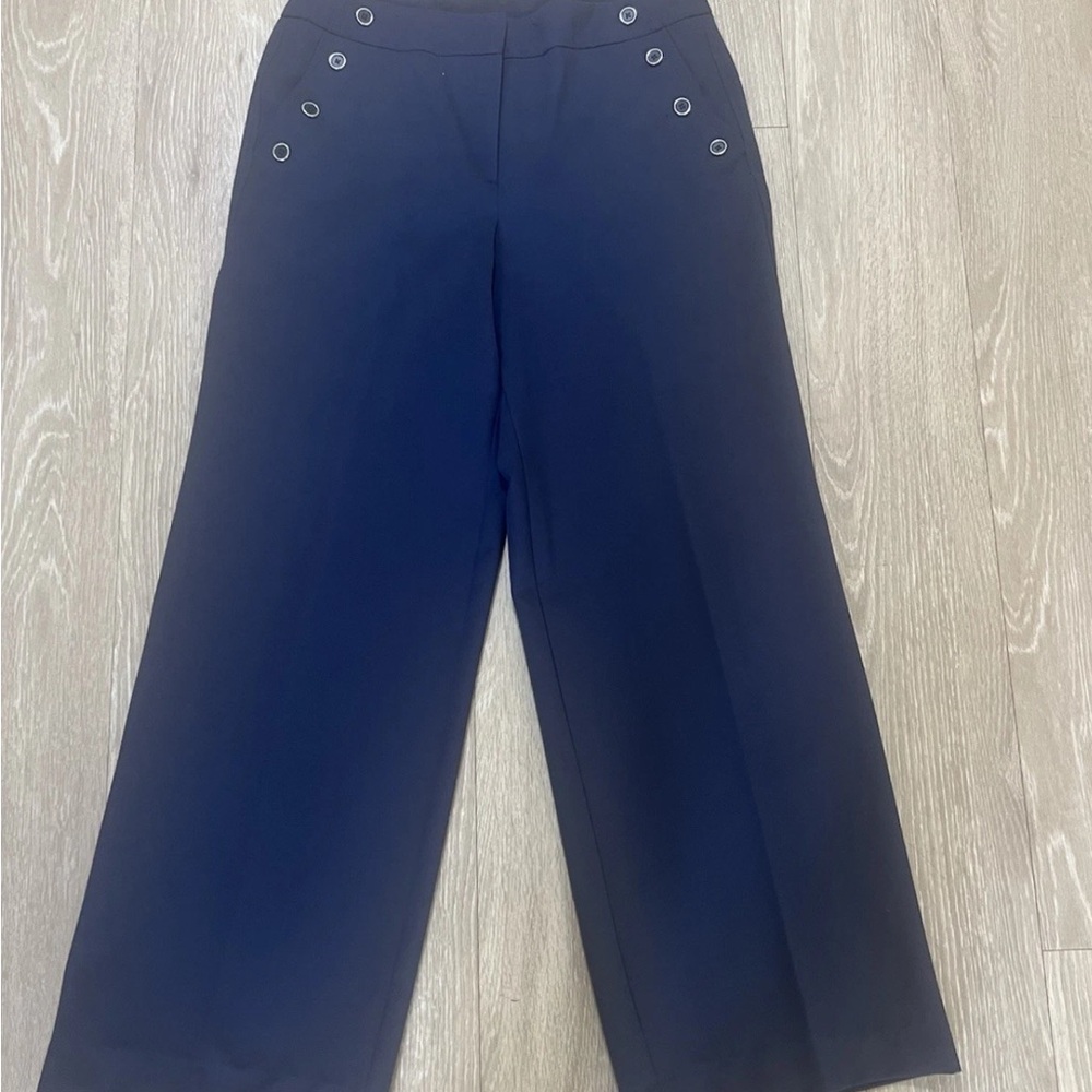 New Direction Wide Leg Navy Blue Pants Front Buttons Nautical Timeless Office 6